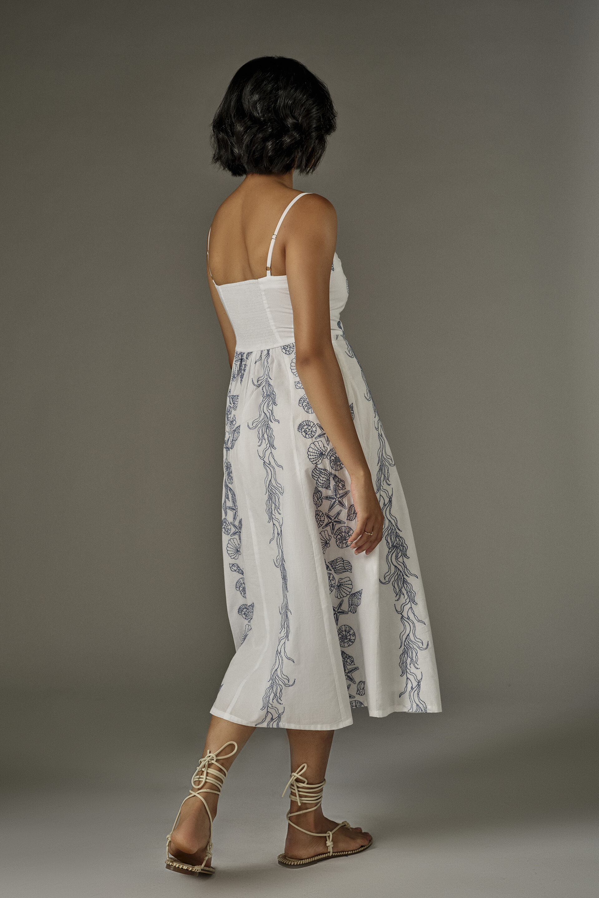 Bandeau Embroidered Cotton Summer Dress in White, White, image 5